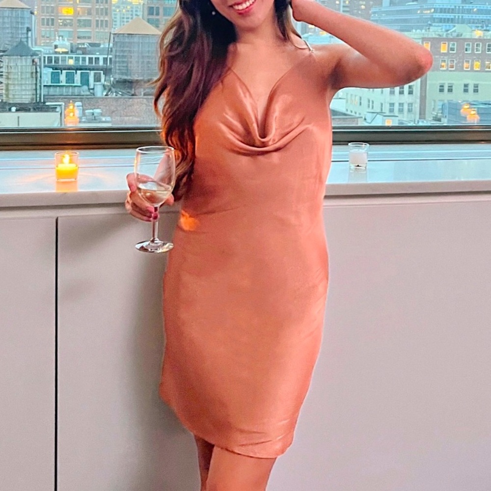 rust / bronze satin cowl neck slip dress with chain backless detail!
